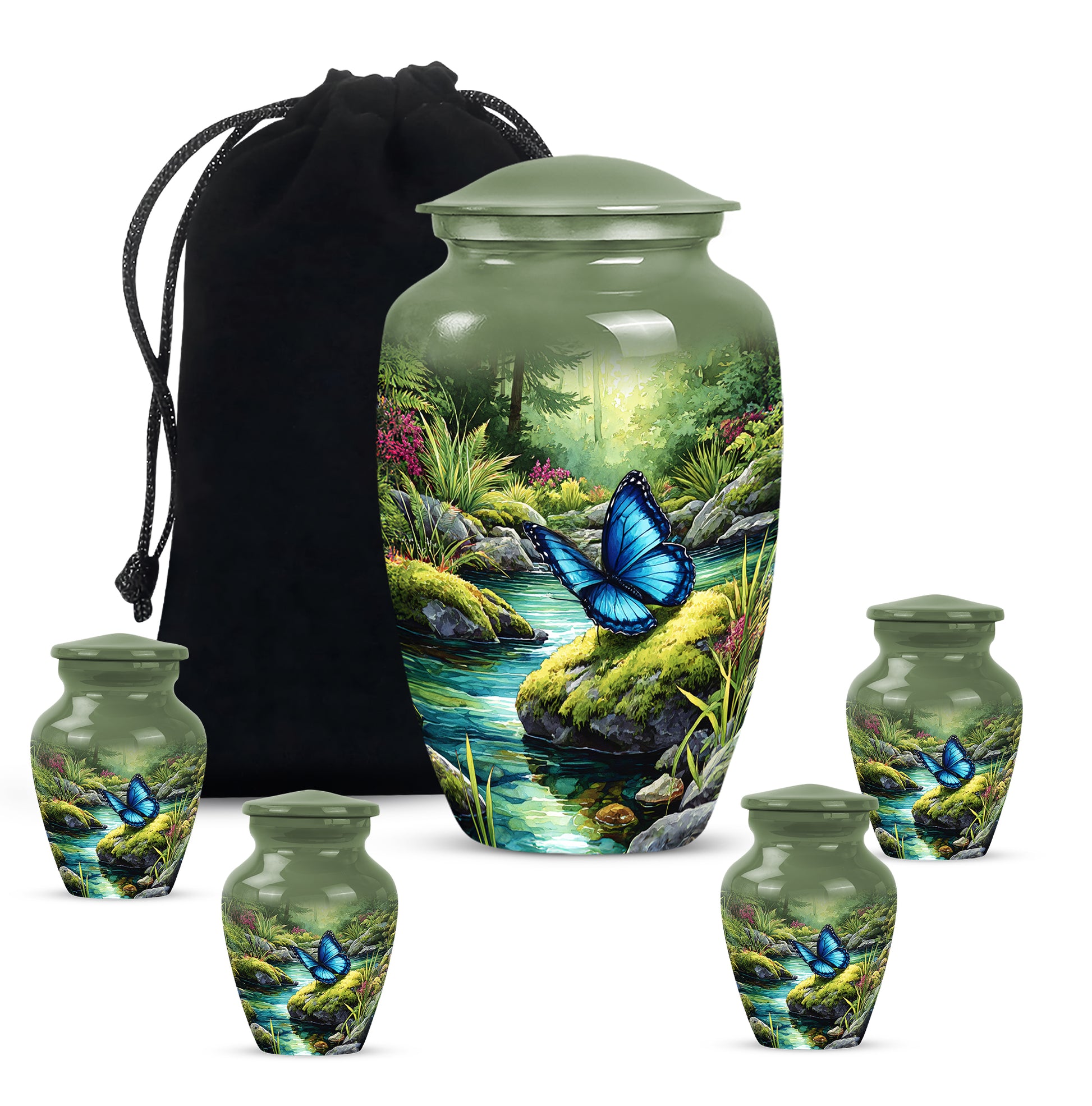 Sage Green Butterfly Cremation Urn top-down view of secure threaded lid - timeless butterfly motif etched into premium metal - memorial set with one large and four small urns