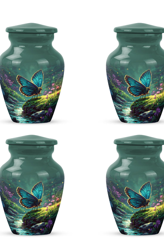 Aqua Teal Butterfly Cremation Urn side profile showing urn shape - traditional butterfly engraving with hand-polished finish - 10 inch aluminum urn for cremated remains