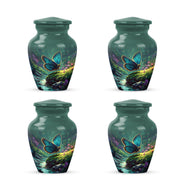 Aqua Teal Butterfly Cremation Urn side profile showing urn shape - traditional butterfly engraving with hand-polished finish - 10 inch aluminum urn for cremated remains