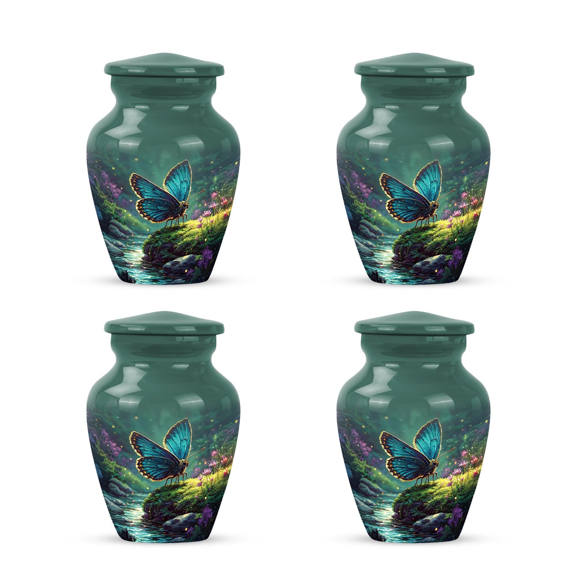 Aqua Teal Butterfly Cremation Urn side profile showing urn shape - traditional butterfly engraving with hand-polished finish - 10 inch aluminum urn for cremated remains