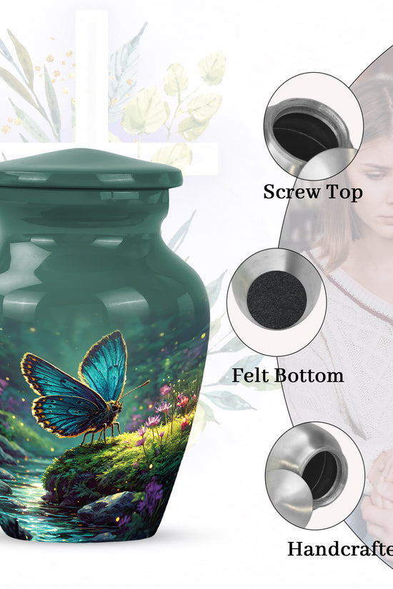 Mystic Teal Butterfly Cremation Urn close-up of engraving and surface detail - traditional butterfly engraving with hand-polished finish - mini keepsake memorial for portion of cremation ashes