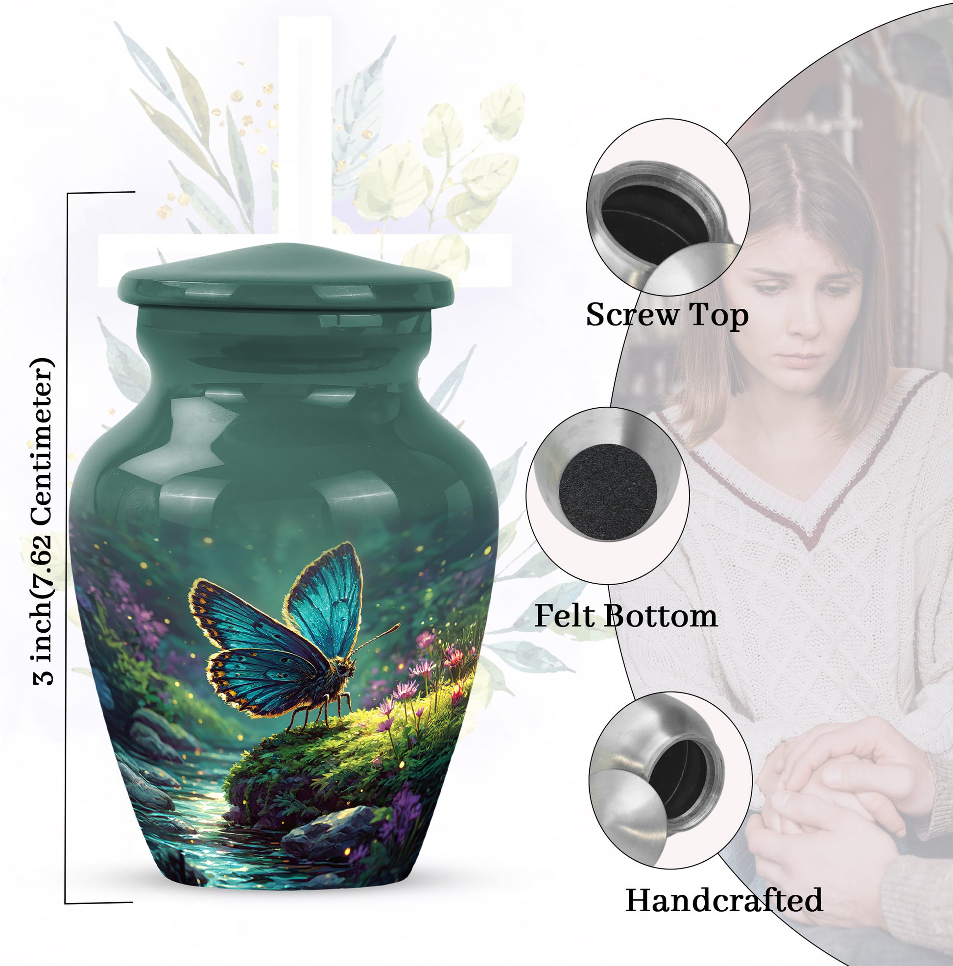 Mystic Teal Butterfly Cremation Urn close-up of engraving and surface detail - traditional butterfly engraving with hand-polished finish - mini keepsake memorial for portion of cremation ashes