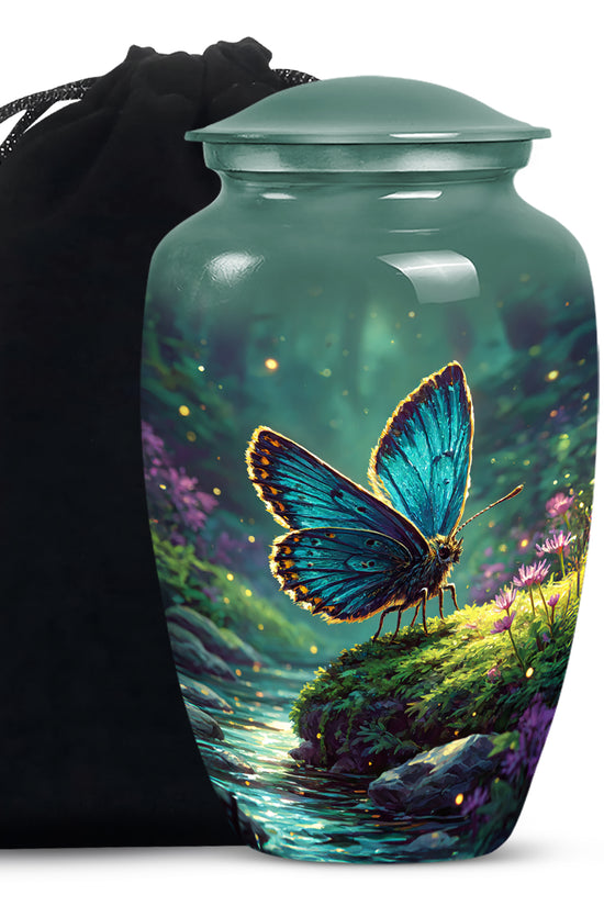 Tropical Teal Butterfly Cremation Urn angled view of lid and engraved motif - elegant classic butterfly relief with fine detailing - full-size 10 inch 200 cubic inch adult cremation urn