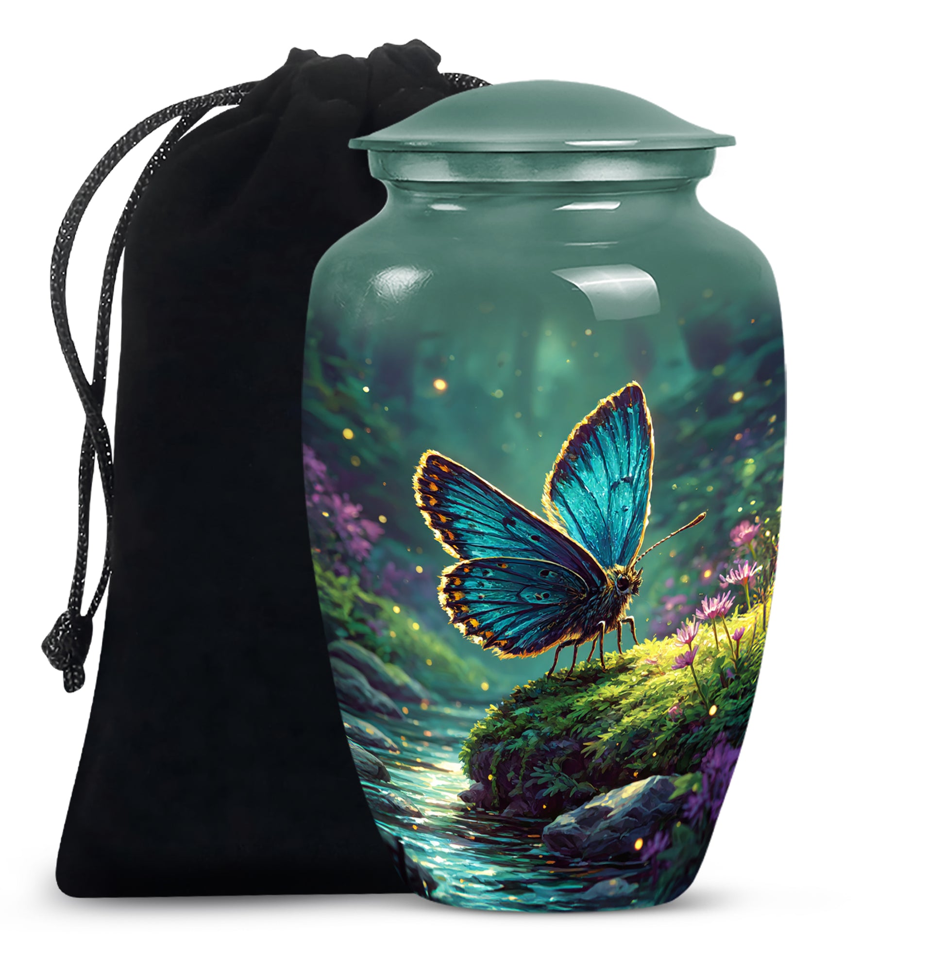 Tropical Teal Butterfly Cremation Urn angled view of lid and engraved motif - elegant classic butterfly relief with fine detailing - full-size 10 inch 200 cubic inch adult cremation urn