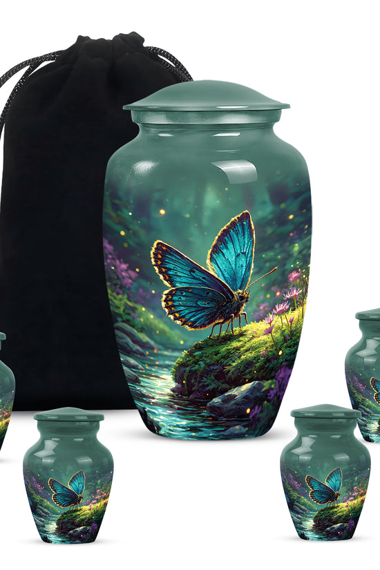 Cool Teal Butterfly Cremation Urn top-down view of secure threaded lid - classic sculpted butterfly pattern on smooth aluminum - memorial set with one large and four small urns