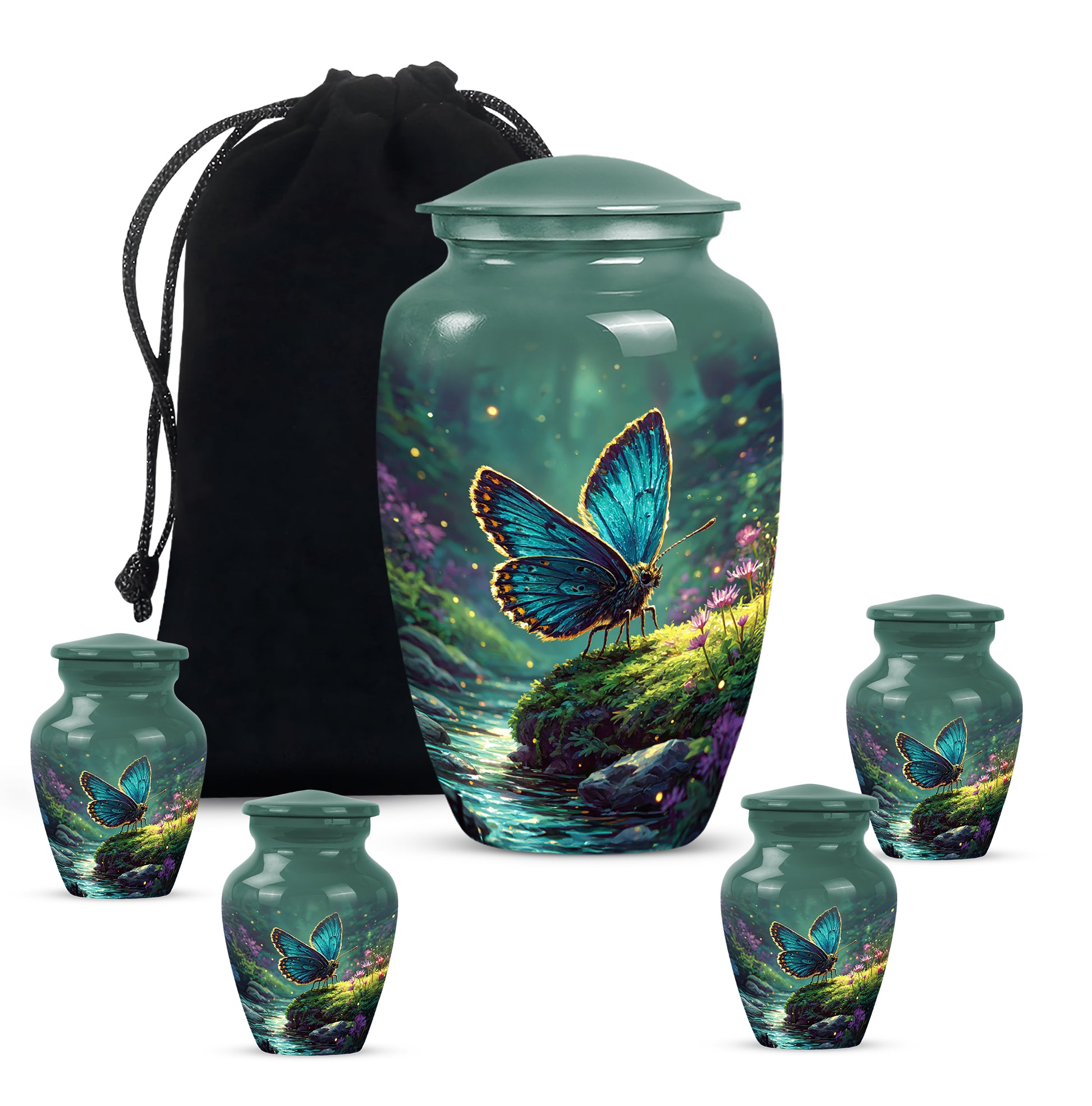 Cool Teal Butterfly Cremation Urn top-down view of secure threaded lid - classic sculpted butterfly pattern on smooth aluminum - memorial set with one large and four small urns