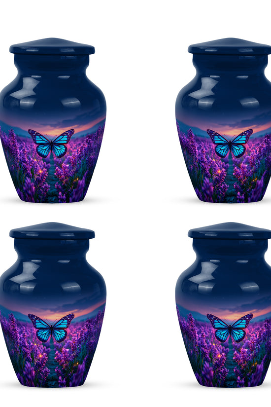 Serene Blue Butterfly Cremation Urn side profile showing urn shape - traditional butterfly engraving with hand-polished finish - 10 inch aluminum urn for cremated remains