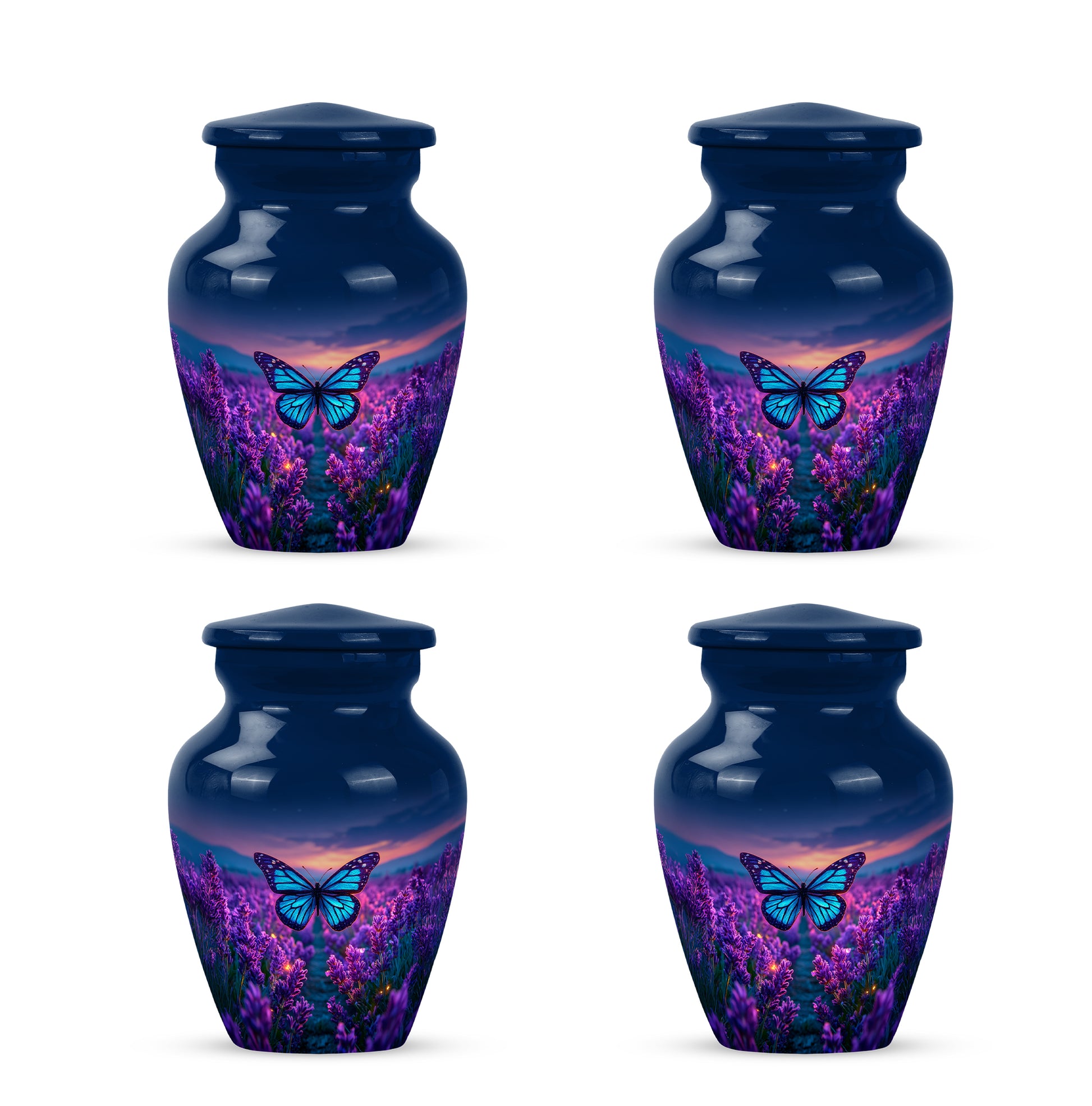 Serene Blue Butterfly Cremation Urn side profile showing urn shape - traditional butterfly engraving with hand-polished finish - 10 inch aluminum urn for cremated remains