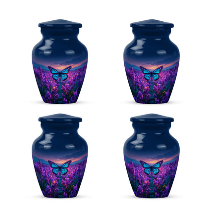 Serene Blue Butterfly Cremation Urn side profile showing urn shape - traditional butterfly engraving with hand-polished finish - 10 inch aluminum urn for cremated remains
