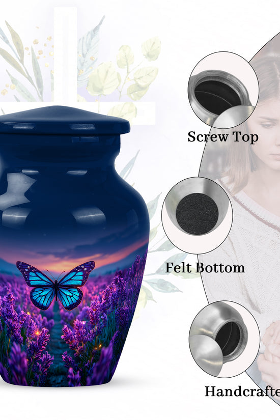 Bright Blue Butterfly Cremation Urn close-up of engraving and surface detail - elegant classic butterfly relief with fine detailing - mini keepsake memorial for portion of cremation ashes