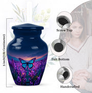 Bright Blue Butterfly Cremation Urn close-up of engraving and surface detail - elegant classic butterfly relief with fine detailing - mini keepsake memorial for portion of cremation ashes