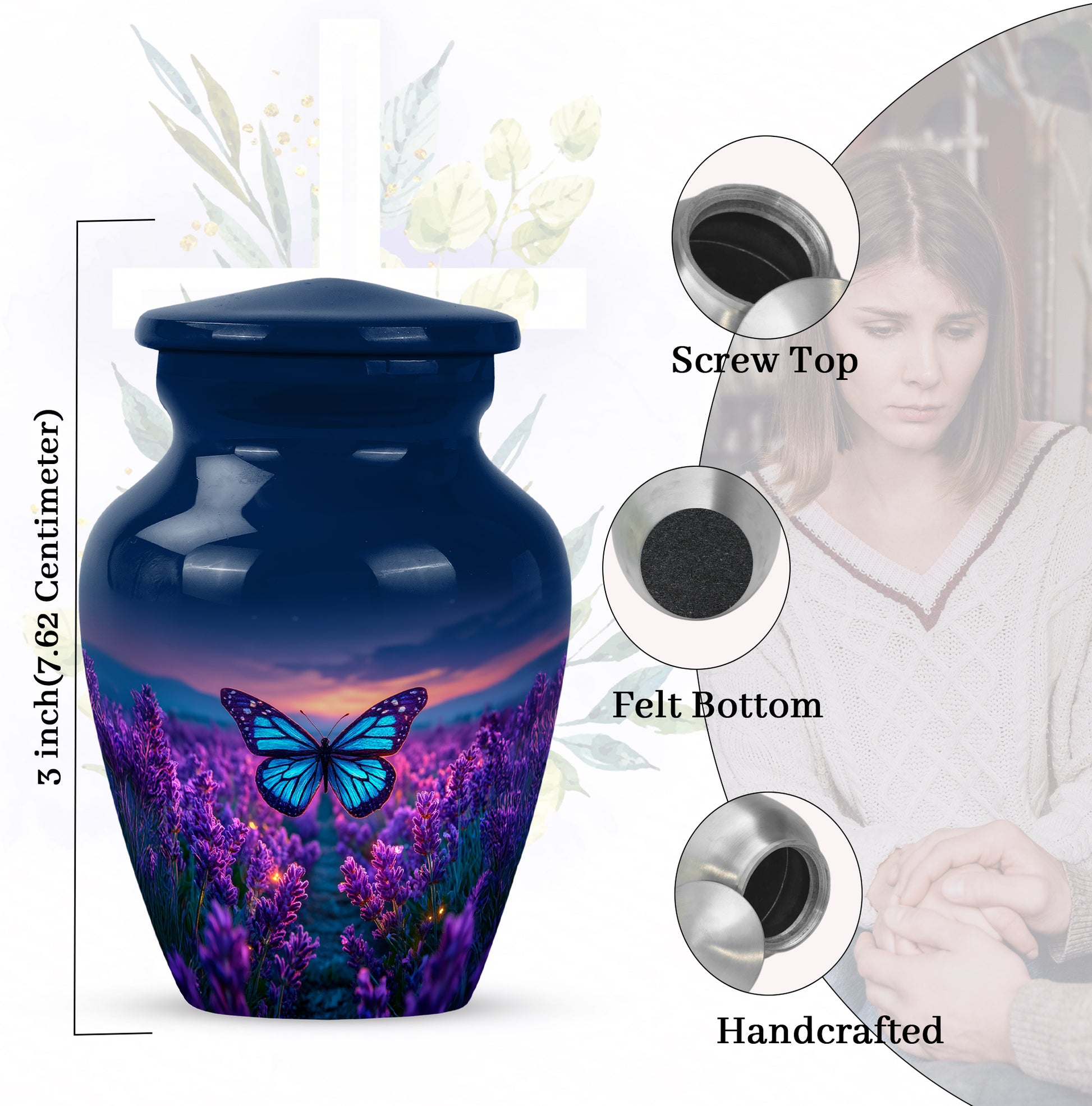 Bright Blue Butterfly Cremation Urn close-up of engraving and surface detail - elegant classic butterfly relief with fine detailing - mini keepsake memorial for portion of cremation ashes