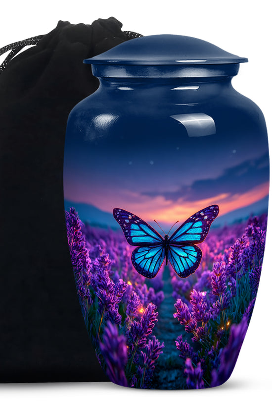 Powder Blue Butterfly Cremation Urn angled view of lid and engraved motif - classic sculpted butterfly pattern on smooth aluminum - full-size 10 inch 200 cubic inch adult cremation urn