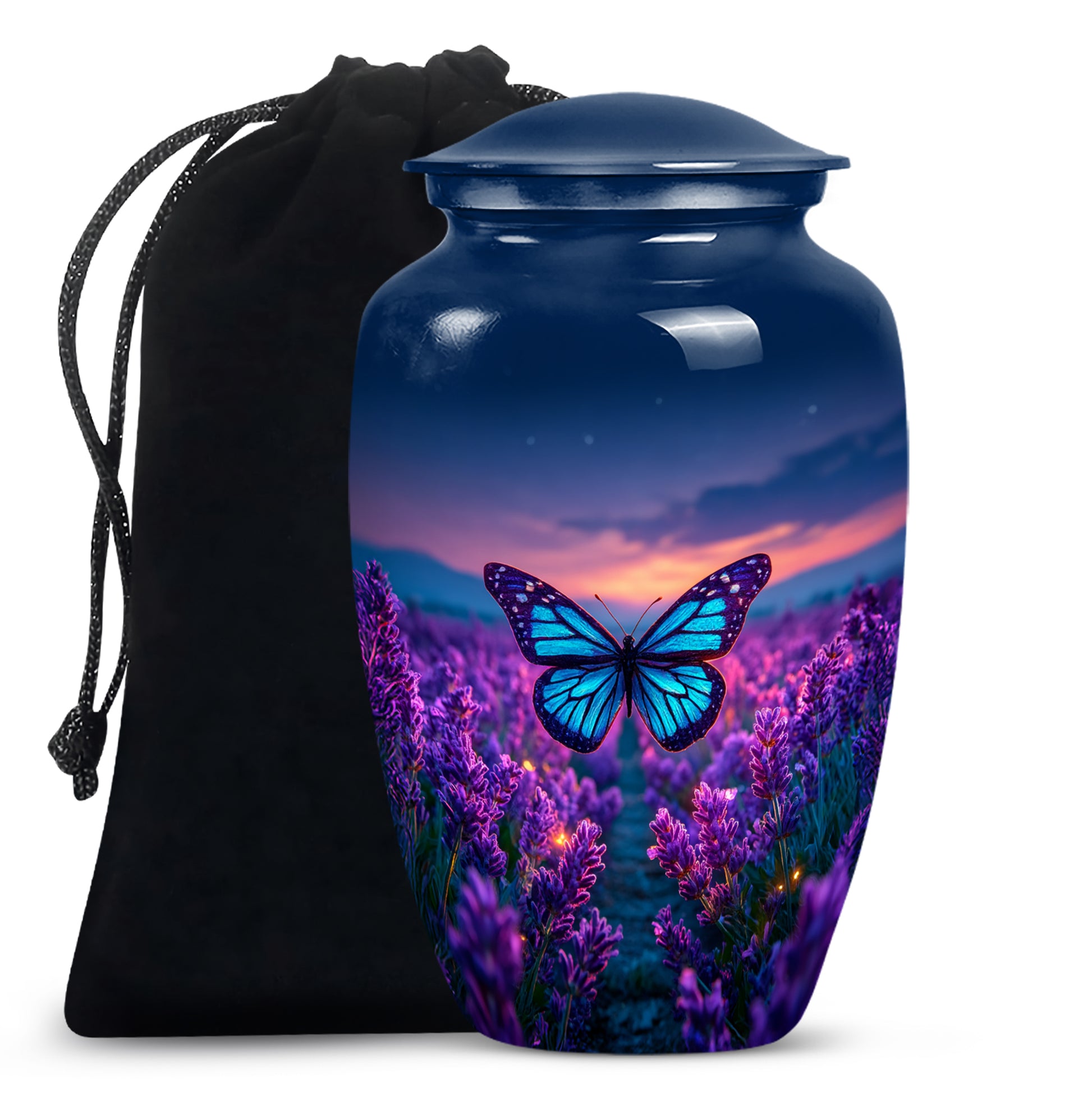 Powder Blue Butterfly Cremation Urn angled view of lid and engraved motif - classic sculpted butterfly pattern on smooth aluminum - full-size 10 inch 200 cubic inch adult cremation urn