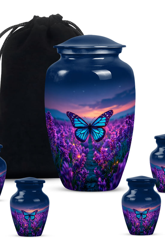 Bright Blue Butterfly Cremation Urn top-down view of secure threaded lid - traditional butterfly engraving with hand-polished finish - memorial set with one large and four small urns