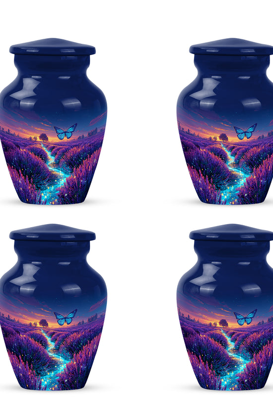 Cornflower Blue Butterfly Cremation Urn side profile showing urn shape - traditional butterfly engraving with hand-polished finish - 10 inch aluminum urn for cremated remains