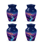 Cornflower Blue Butterfly Cremation Urn side profile showing urn shape - traditional butterfly engraving with hand-polished finish - 10 inch aluminum urn for cremated remains