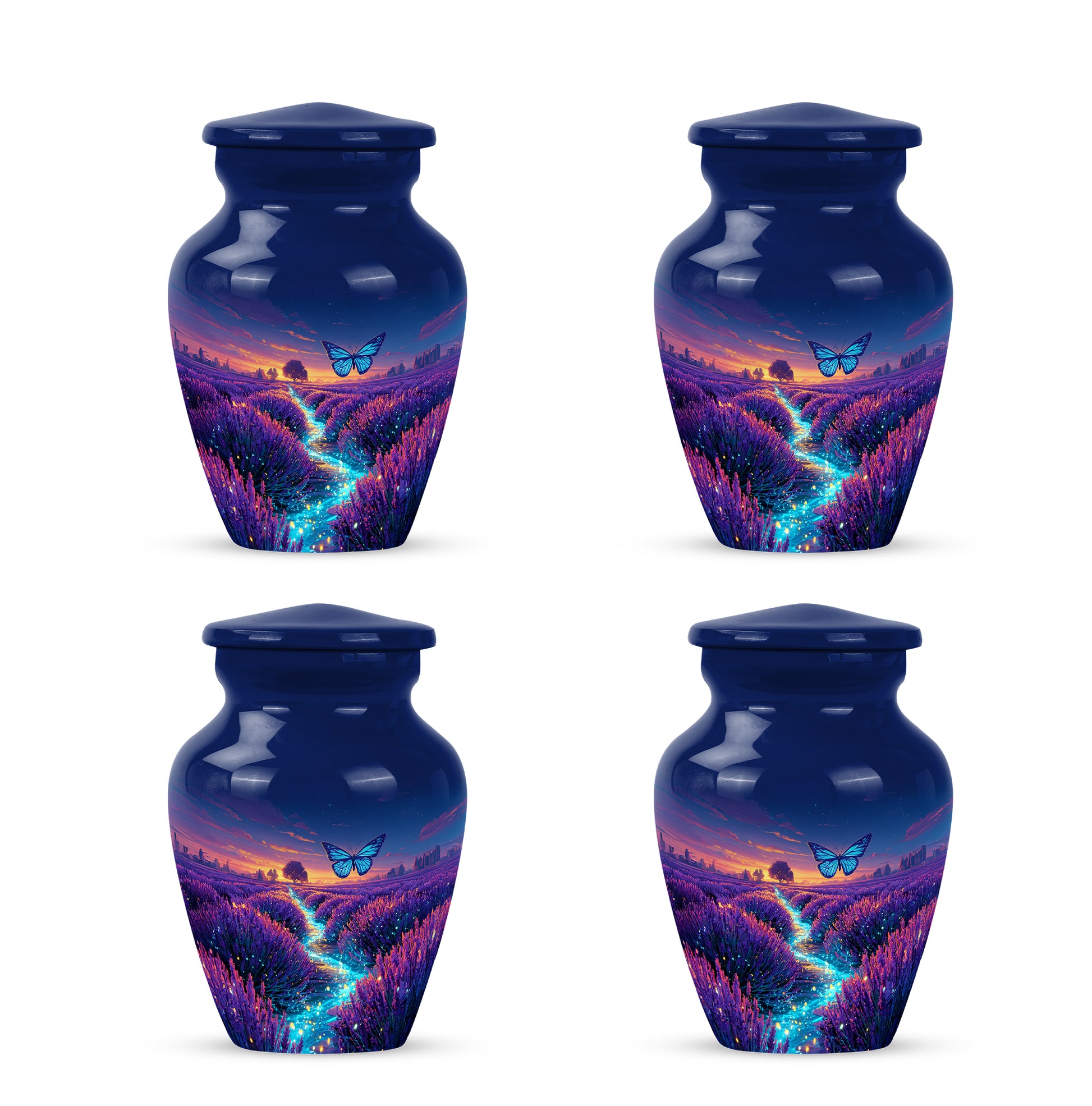 Cornflower Blue Butterfly Cremation Urn side profile showing urn shape - traditional butterfly engraving with hand-polished finish - 10 inch aluminum urn for cremated remains