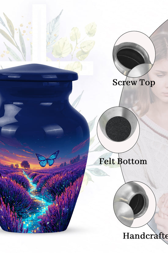 Slate Blue Butterfly Cremation Urn close-up of engraving and surface detail - timeless butterfly motif etched into premium metal - mini keepsake memorial for portion of cremation ashes