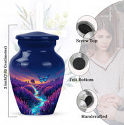 Slate Blue Butterfly Cremation Urn close-up of engraving and surface detail - timeless butterfly motif etched into premium metal - mini keepsake memorial for portion of cremation ashes