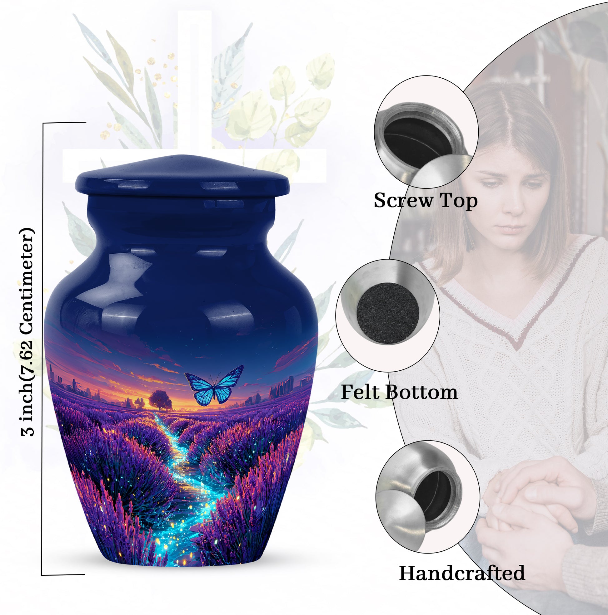 Slate Blue Butterfly Cremation Urn close-up of engraving and surface detail - timeless butterfly motif etched into premium metal - mini keepsake memorial for portion of cremation ashes