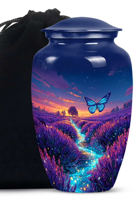 Slate Blue Butterfly Cremation Urn angled view of lid and engraved motif - timeless butterfly motif etched into premium metal - full-size 10 inch 200 cubic inch adult cremation urn