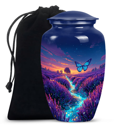 Slate Blue Butterfly Cremation Urn angled view of lid and engraved motif - timeless butterfly motif etched into premium metal - full-size 10 inch 200 cubic inch adult cremation urn