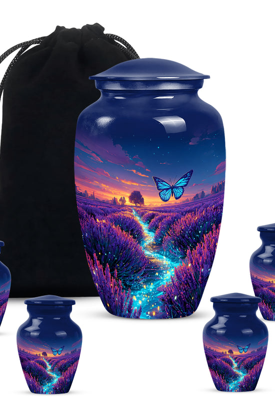 Powder Blue Butterfly Cremation Urn top-down view of secure threaded lid - timeless butterfly motif etched into premium metal - memorial set with one large and four small urns