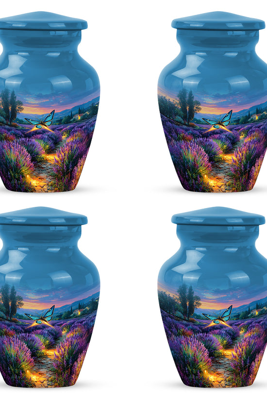 Vivid Blue Butterfly Cremation Urn side profile showing urn shape - traditional butterfly engraving with hand-polished finish - 10 inch aluminum urn for cremated remains