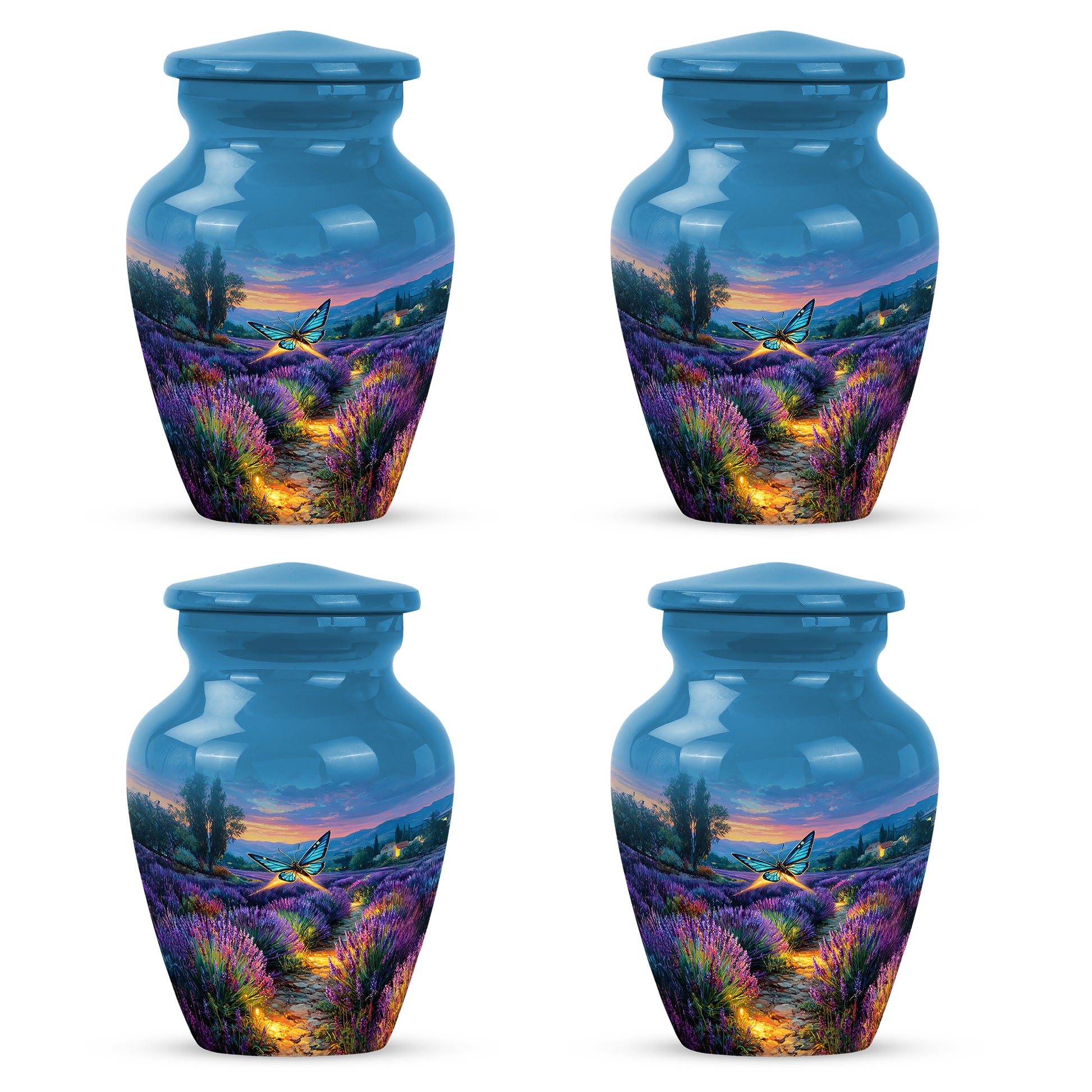 Vivid Blue Butterfly Cremation Urn side profile showing urn shape - traditional butterfly engraving with hand-polished finish - 10 inch aluminum urn for cremated remains