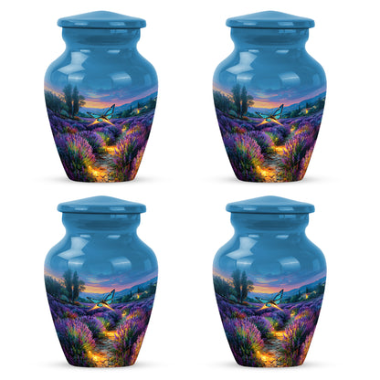 Vivid Blue Butterfly Cremation Urn side profile showing urn shape - traditional butterfly engraving with hand-polished finish - 10 inch aluminum urn for cremated remains