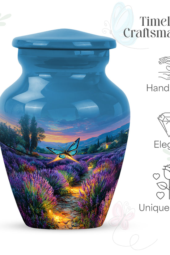 Twilight Blue Butterfly Cremation Urn close-up of engraving and surface detail - traditional butterfly engraving with hand-polished finish - mini keepsake memorial for portion of cremation ashes