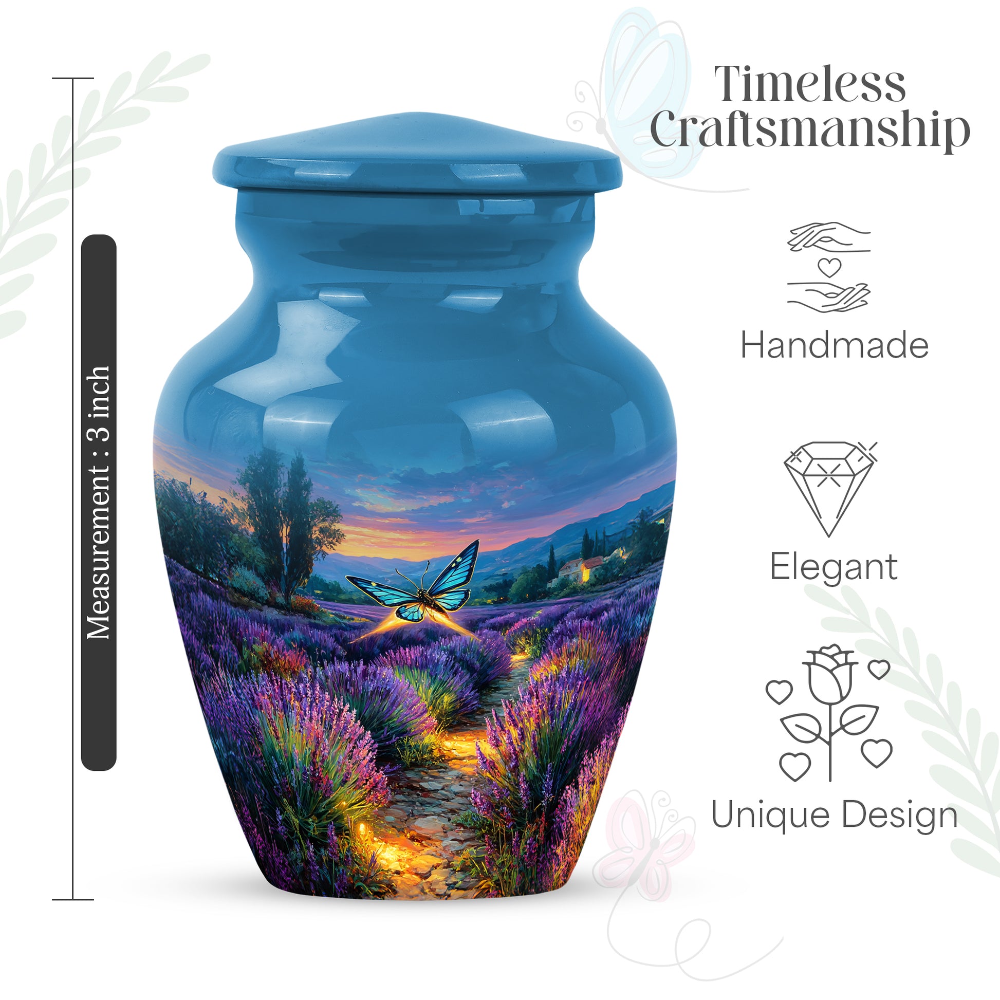 Twilight Blue Butterfly Cremation Urn close-up of engraving and surface detail - traditional butterfly engraving with hand-polished finish - mini keepsake memorial for portion of cremation ashes