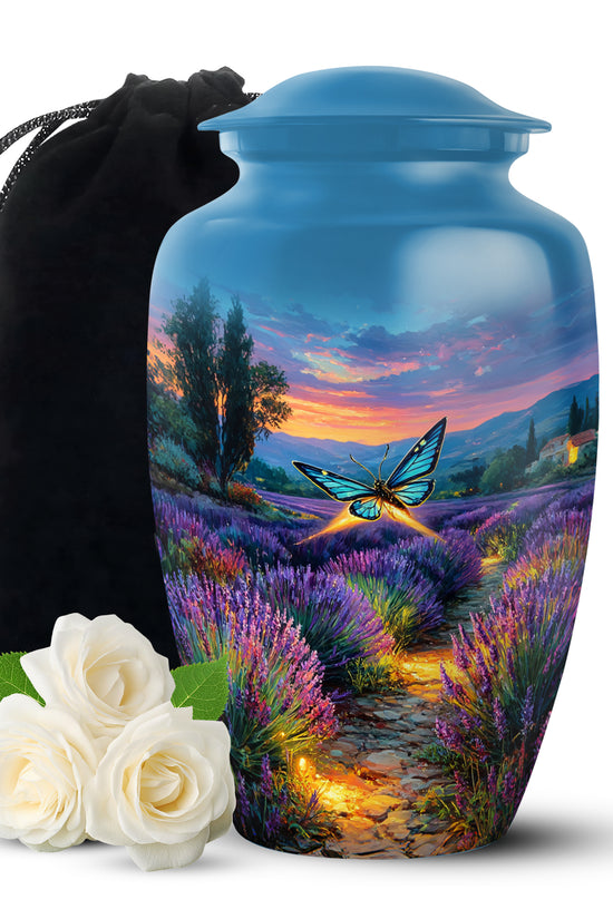 Misty Blue Butterfly Cremation Urn angled view of lid and engraved motif - classic sculpted butterfly pattern on smooth aluminum - full-size 10 inch 200 cubic inch adult cremation urn