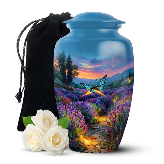 Misty Blue Butterfly Cremation Urn angled view of lid and engraved motif - classic sculpted butterfly pattern on smooth aluminum - full-size 10 inch 200 cubic inch adult cremation urn