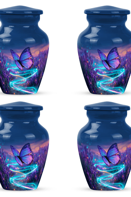 Cobalt Blue Butterfly Cremation Urn side profile showing urn shape - elegant classic butterfly relief with fine detailing - 10 inch aluminum urn for cremated remains