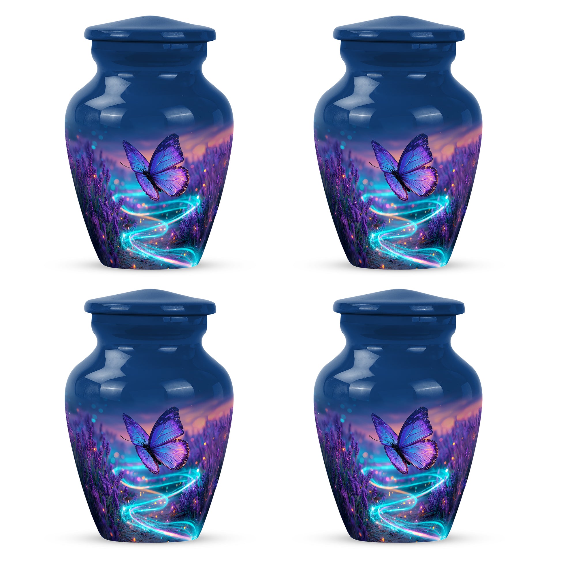 Cobalt Blue Butterfly Cremation Urn side profile showing urn shape - elegant classic butterfly relief with fine detailing - 10 inch aluminum urn for cremated remains
