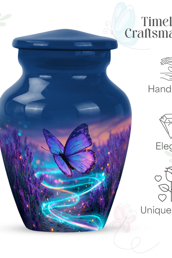 Azure Butterfly Cremation Urn close-up of engraving and surface detail - timeless butterfly motif etched into premium metal - mini keepsake memorial for portion of cremation ashes