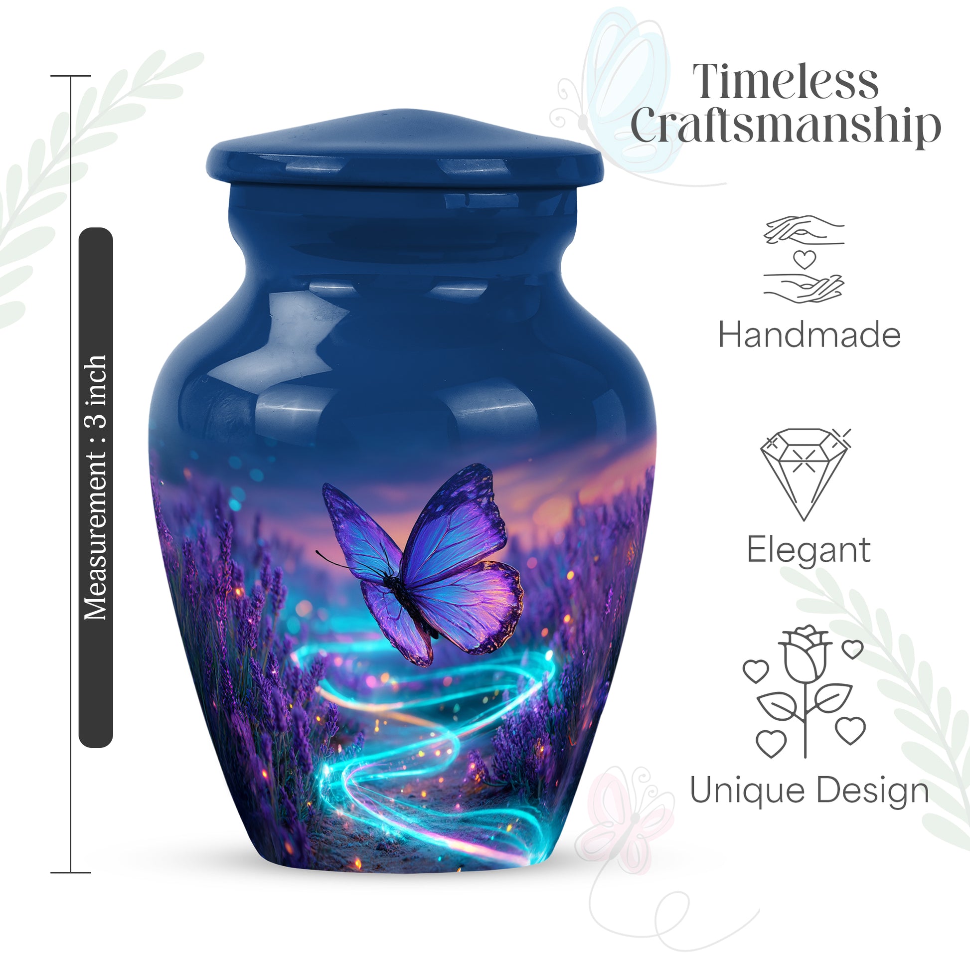 Azure Butterfly Cremation Urn close-up of engraving and surface detail - timeless butterfly motif etched into premium metal - mini keepsake memorial for portion of cremation ashes