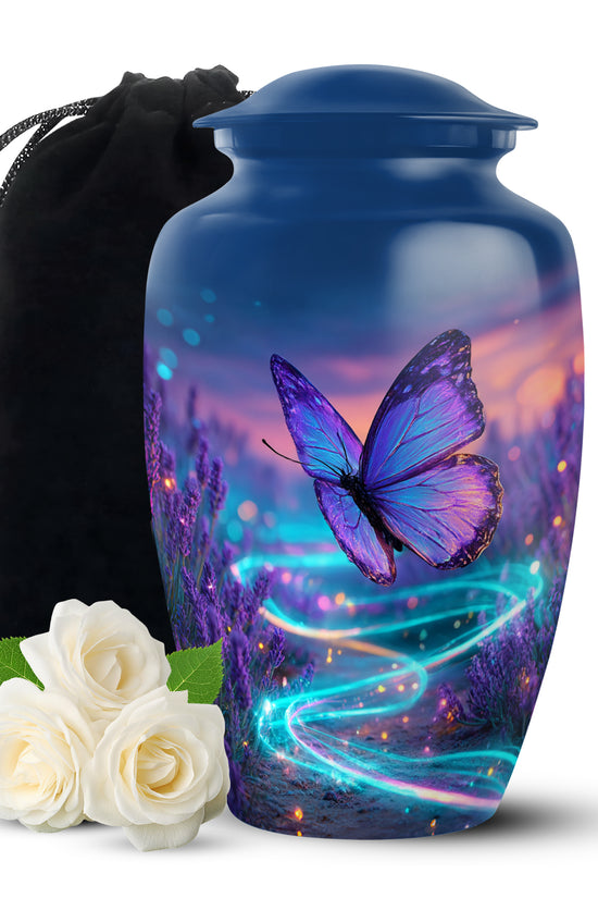 Twilight Blue Butterfly Cremation Urn angled view of lid and engraved motif - elegant classic butterfly relief with fine detailing - full-size 10 inch 200 cubic inch adult cremation urn