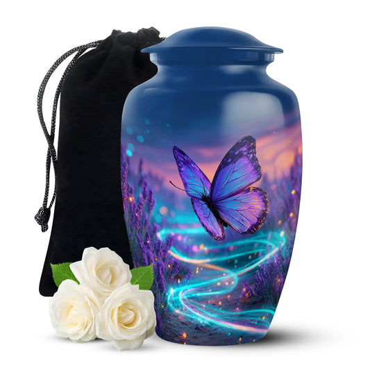 Twilight Blue Butterfly Cremation Urn angled view of lid and engraved motif - elegant classic butterfly relief with fine detailing - full-size 10 inch 200 cubic inch adult cremation urn