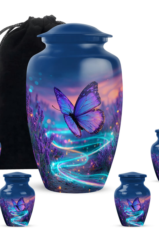 Dusty Blue Butterfly Cremation Urn top-down view of secure threaded lid - timeless butterfly motif etched into premium metal - memorial set with one large and four small urns