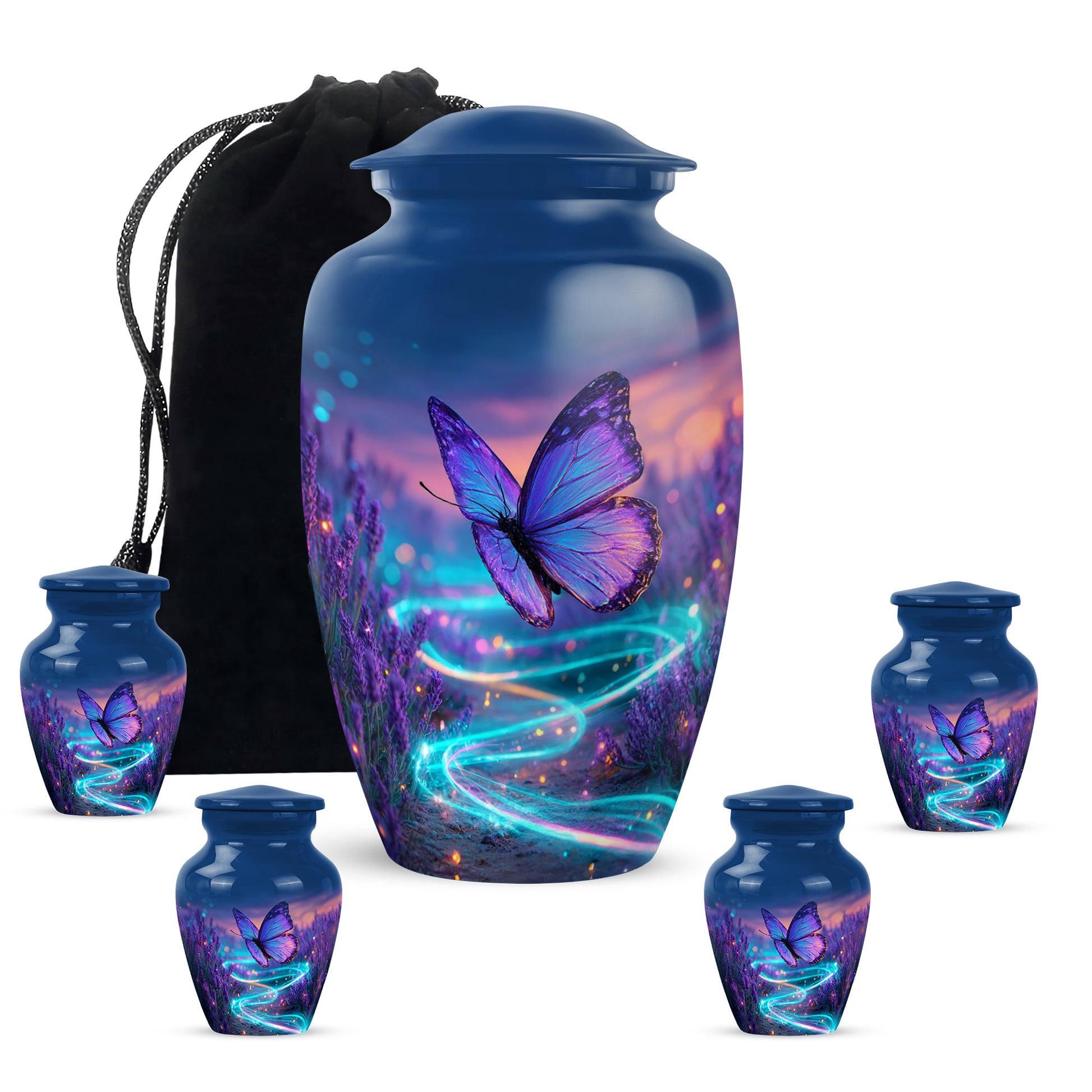 Dusty Blue Butterfly Cremation Urn top-down view of secure threaded lid - timeless butterfly motif etched into premium metal - memorial set with one large and four small urns