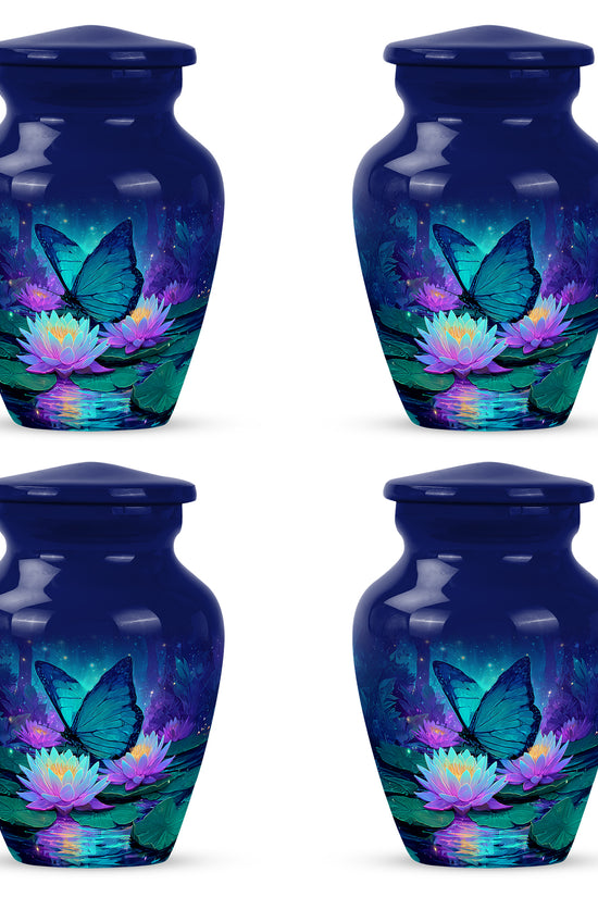Sapphire Blue Butterfly Cremation Urn side profile showing urn shape - elegant classic butterfly relief with fine detailing - 10 inch aluminum urn for cremated remains