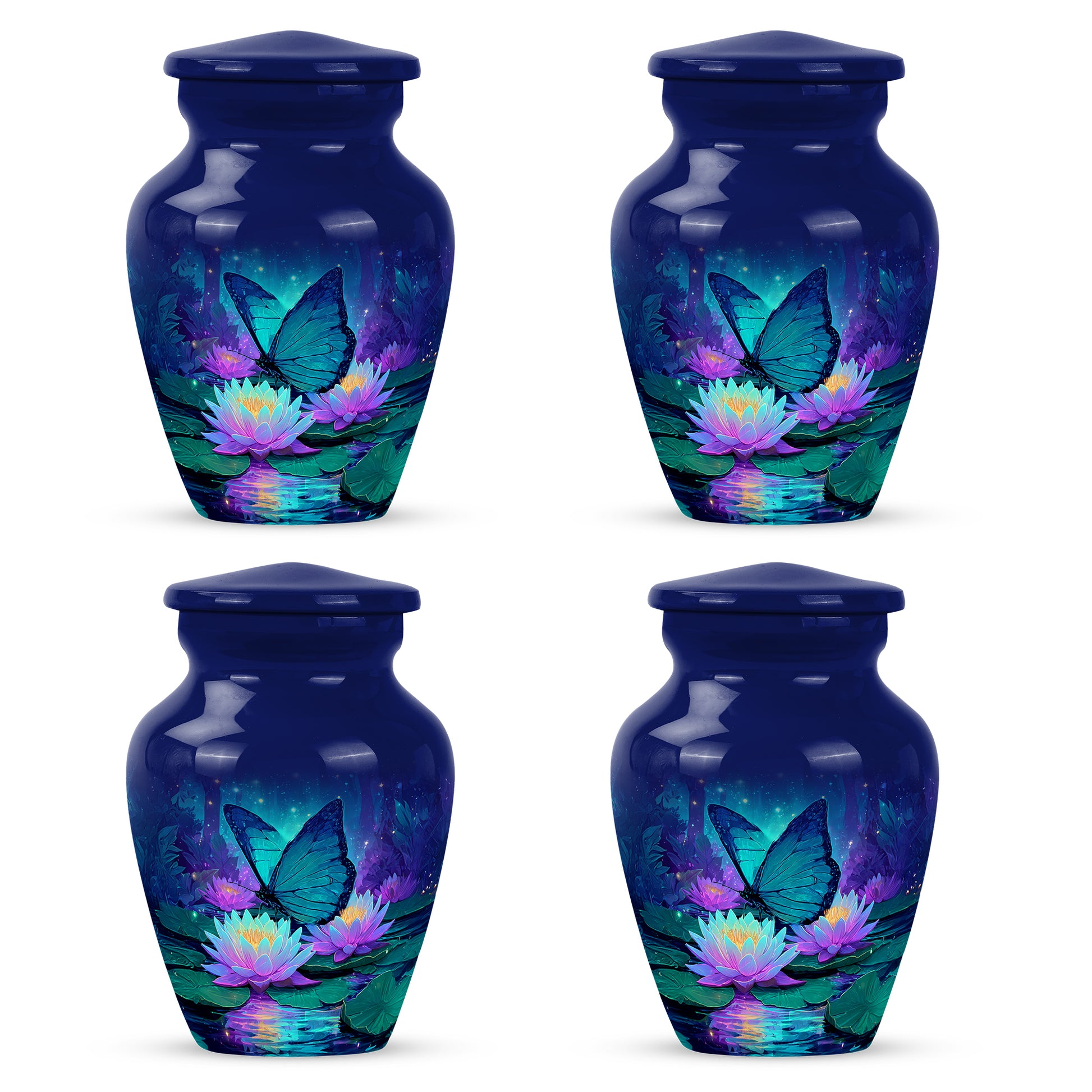 Sapphire Blue Butterfly Cremation Urn side profile showing urn shape - elegant classic butterfly relief with fine detailing - 10 inch aluminum urn for cremated remains