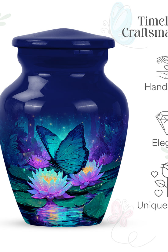 Cornflower Blue Butterfly Cremation Urn close-up of engraving and surface detail - elegant classic butterfly relief with fine detailing - mini keepsake memorial for portion of cremation ashes