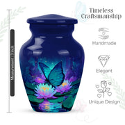 Cornflower Blue Butterfly Cremation Urn close-up of engraving and surface detail - elegant classic butterfly relief with fine detailing - mini keepsake memorial for portion of cremation ashes