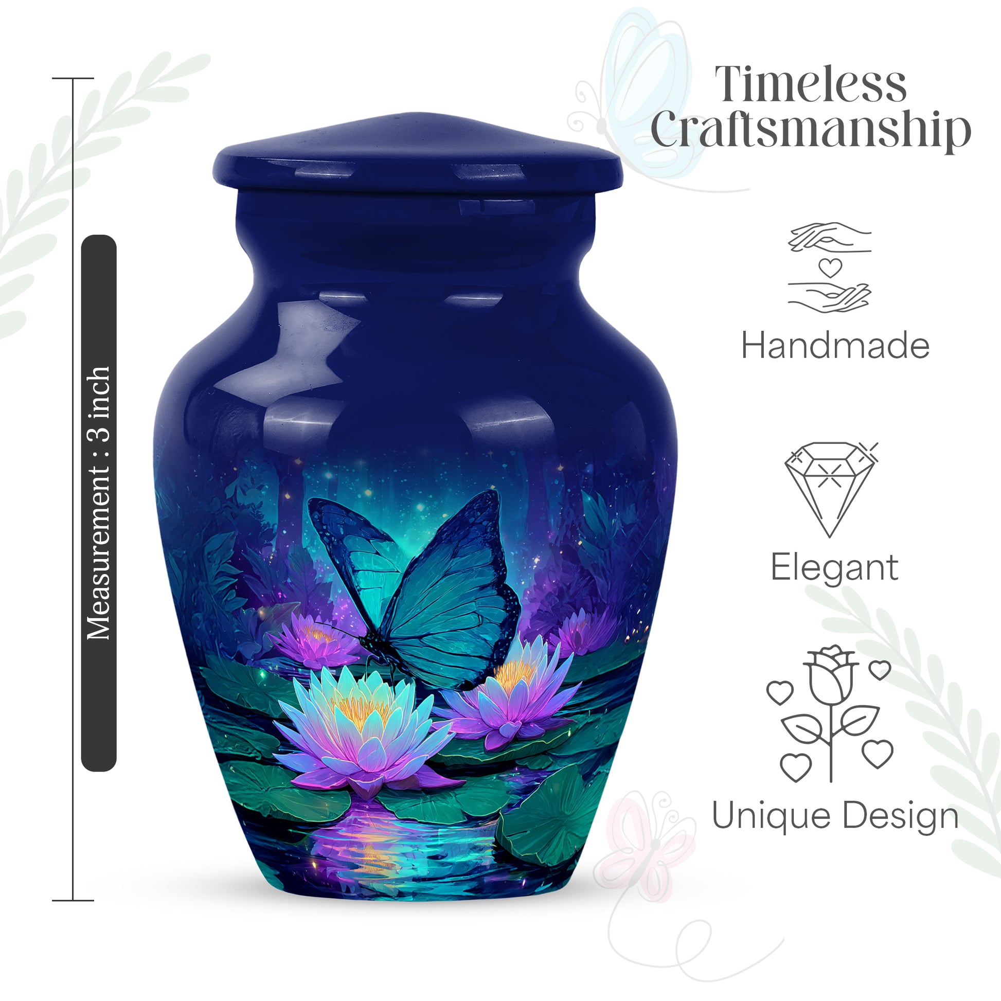 Cornflower Blue Butterfly Cremation Urn close-up of engraving and surface detail - elegant classic butterfly relief with fine detailing - mini keepsake memorial for portion of cremation ashes