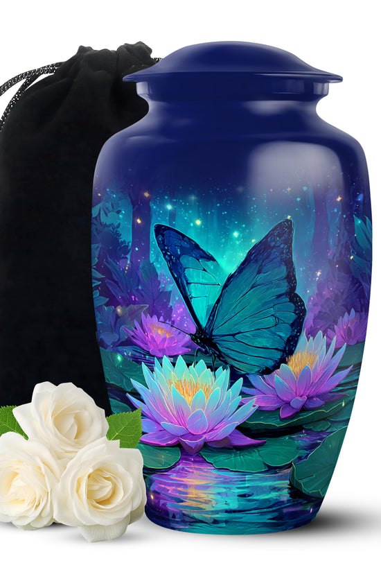 Navy Blue Butterfly Cremation Urn angled view of lid and engraved motif - timeless butterfly motif etched into premium metal - full-size 10 inch 200 cubic inch adult cremation urn