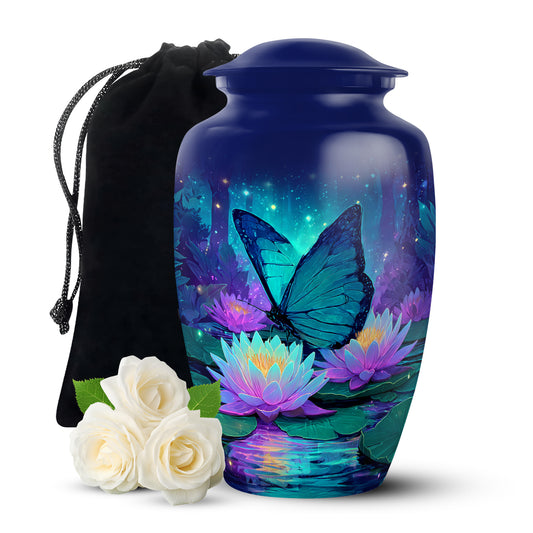 Navy Blue Butterfly Cremation Urn angled view of lid and engraved motif - timeless butterfly motif etched into premium metal - full-size 10 inch 200 cubic inch adult cremation urn